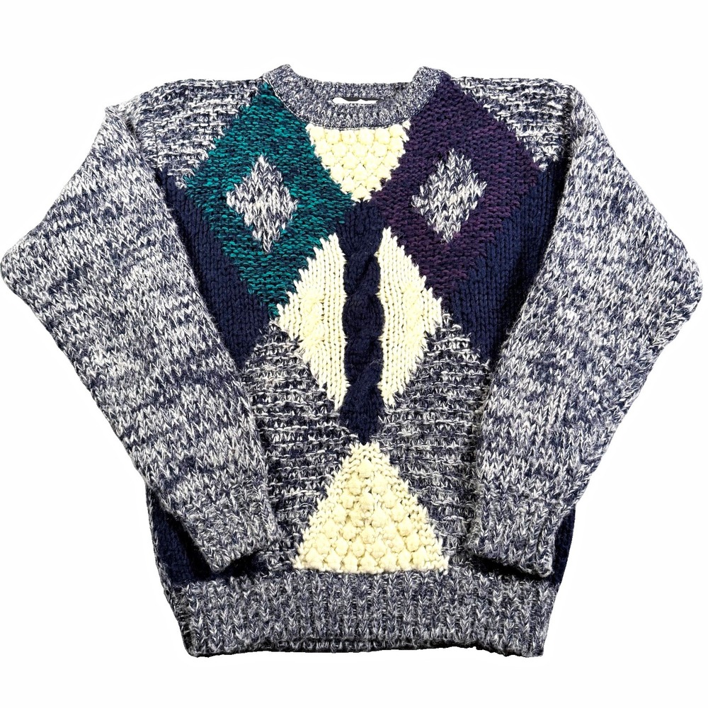 Vintage Botany 500 Sweater Medium Chunky Knit Argyle Colorblock Grandpa Coogi M